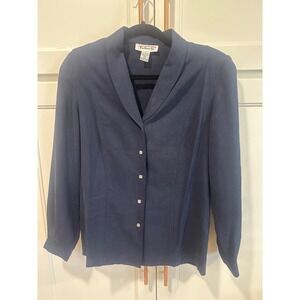 VTG Talbots Navy Blue 100% Silk Button Down Blouse Womens 4 shoulder pad granny